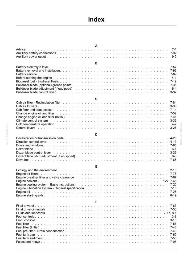 May include: A black and white index page from a technical manual, featuring alphabetical headings from A to F. The text lists various machinery maintenance topics and their corresponding page numbers, such as battery service, engine oil, and fuel filters.