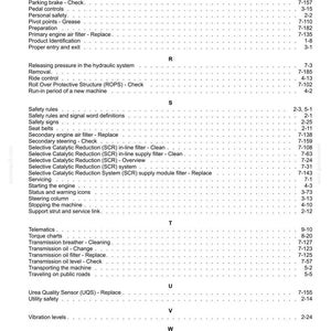 May include: A white and black printed document with a table of contents for a machine's manual. The document lists various topics, including safety rules, engine maintenance, and operational procedures.