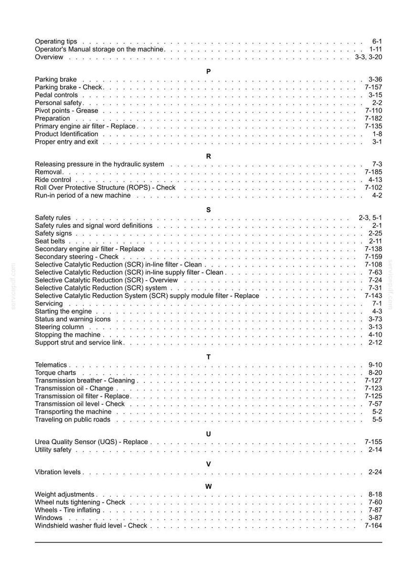 May include: A white and black printed document with a table of contents for a machine's manual. The document lists various topics, including safety rules, engine maintenance, and operational procedures.