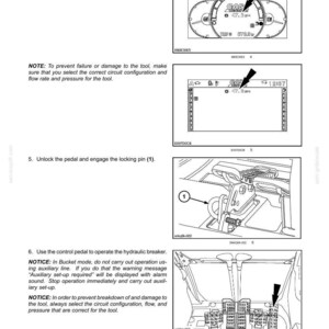 Puede incluir: Diagrama de instrucciones de funcionamiento de una m&aacute;quina, que detalla el funcionamiento del interruptor, el uso del pedal y la configuraci&oacute;n del circuito. Se muestran pantallas de indicadores con lecturas y un panel de control. El texto incluye avisos de seguridad y advertencias.