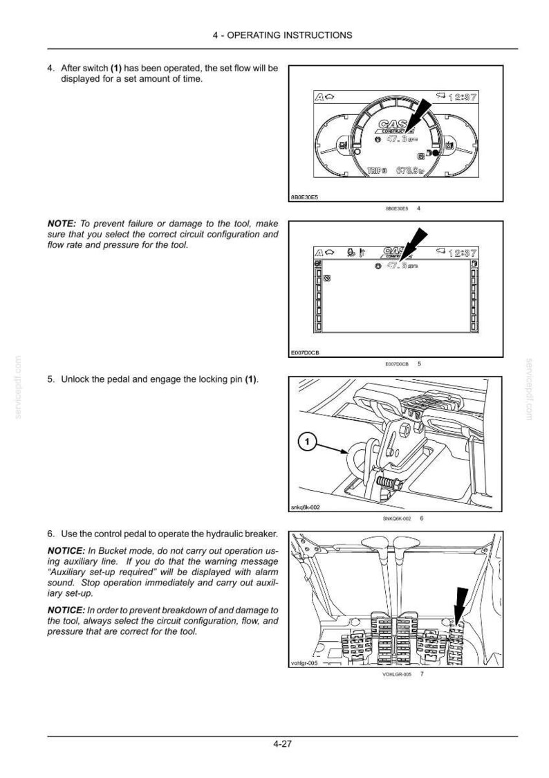Puede incluir: Diagrama de instrucciones de funcionamiento de una m&aacute;quina, que detalla el funcionamiento del interruptor, el uso del pedal y la configuraci&oacute;n del circuito. Se muestran pantallas de indicadores con lecturas y un panel de control. El texto incluye avisos de seguridad y advertencias.