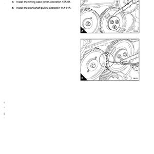 K&ouml;nnte beinhalten: Technische Zeichnung eines Steuergeh&auml;use- und Antriebsstrang-Baugruppe mit detaillierten Illustrationen von Zahnradkomponenten. Das Bild enth&auml;lt Textanweisungen zum &Uuml;berpr&uuml;fen des Leerlaufzahnrads und zum Einbau der Steuergeh&auml;useabdeckung und der Kurbelwellenriemenscheibe. Das Diagramm tr&auml;gt die Bezeichnung "15A-08 TIMING CASE AND DRIVE ASSEMBLY."