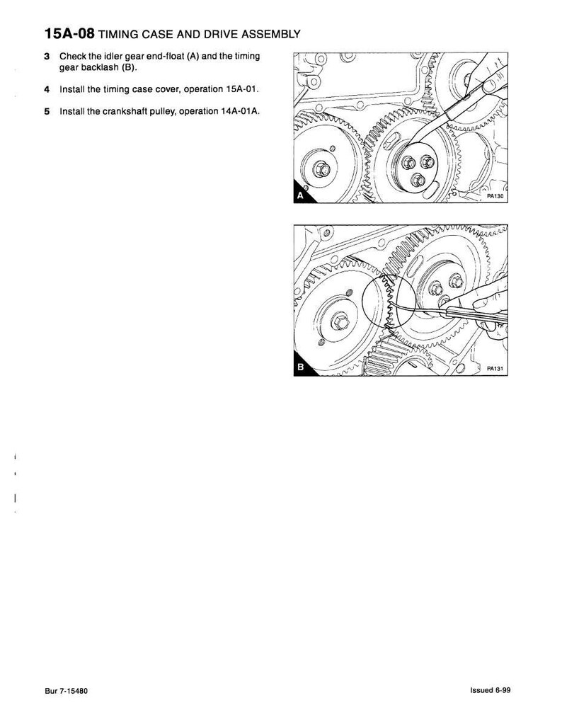 K&ouml;nnte beinhalten: Technische Zeichnung eines Steuergeh&auml;use- und Antriebsstrang-Baugruppe mit detaillierten Illustrationen von Zahnradkomponenten. Das Bild enth&auml;lt Textanweisungen zum &Uuml;berpr&uuml;fen des Leerlaufzahnrads und zum Einbau der Steuergeh&auml;useabdeckung und der Kurbelwellenriemenscheibe. Das Diagramm tr&auml;gt die Bezeichnung "15A-08 TIMING CASE AND DRIVE ASSEMBLY."