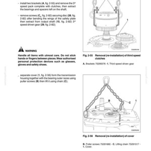 May include: A technical manual page titled D350 Power Steering Transmission, featuring two diagrams labeled Fig. 2-55 and Fig. 2-56. The diagrams illustrate the removal of third speed clutches and a cover using brackets, puller screws, and a lifting chain.