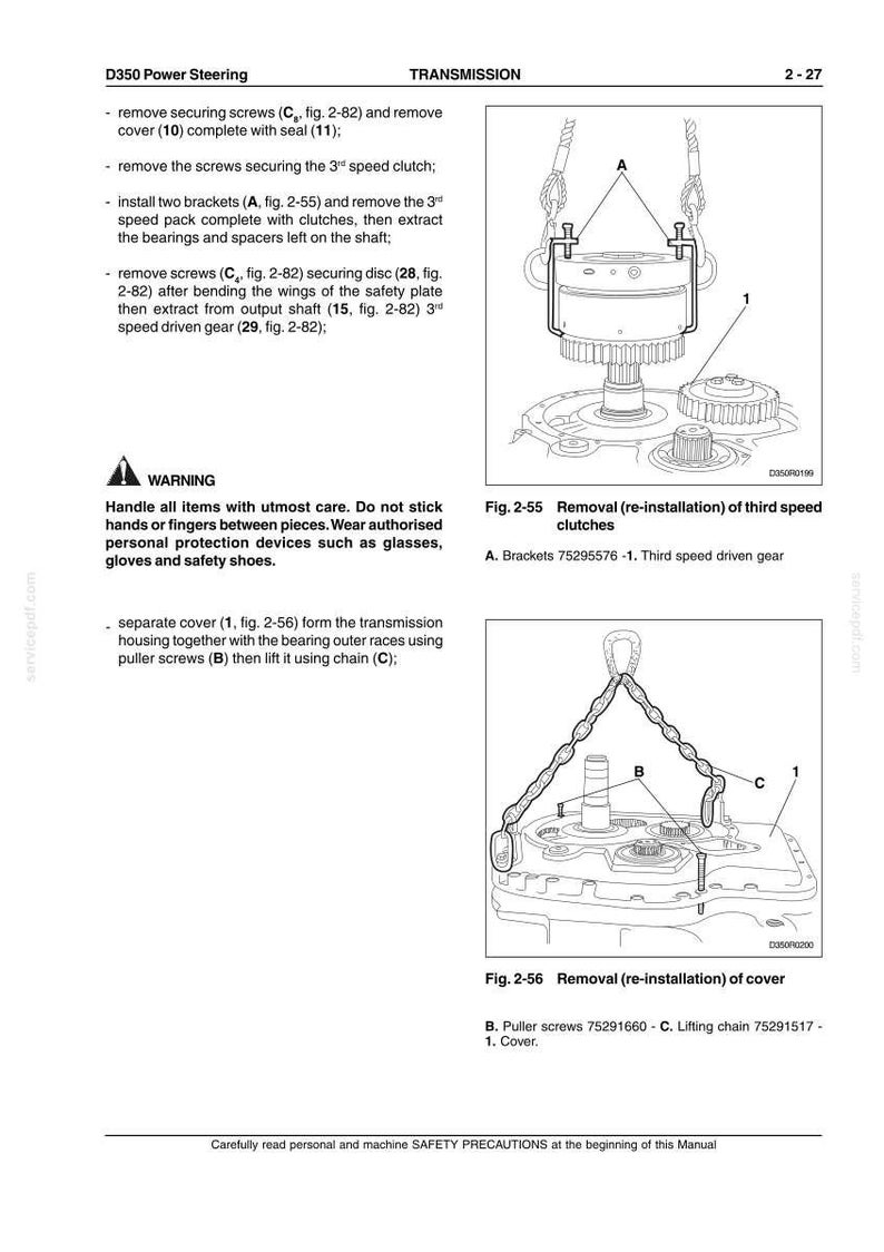 May include: A technical manual page titled D350 Power Steering Transmission, featuring two diagrams labeled Fig. 2-55 and Fig. 2-56. The diagrams illustrate the removal of third speed clutches and a cover using brackets, puller screws, and a lifting chain.