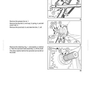 May include: Technical diagram with numbered parts for implement driveline maintenance. Includes close-up views of chain idlers, bolts, springs, and a sprocket weld assembly. Text instructions are included.