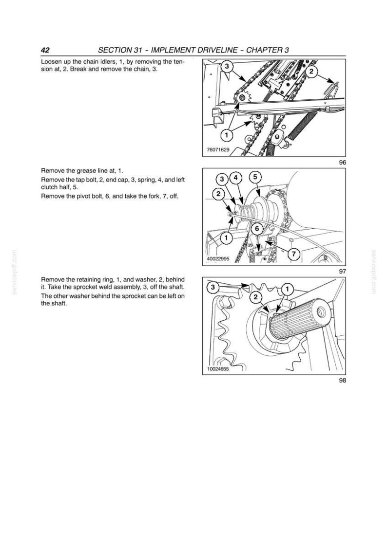 May include: Technical diagram with numbered parts for implement driveline maintenance. Includes close-up views of chain idlers, bolts, springs, and a sprocket weld assembly. Text instructions are included.
