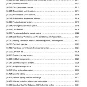 May include: A detailed page from a manual, listing various automotive systems and their corresponding page numbers. The text includes terms like "Engine intake," "Transmission," and "External lighting." The bottom of the page shows "Front loader and bucket."