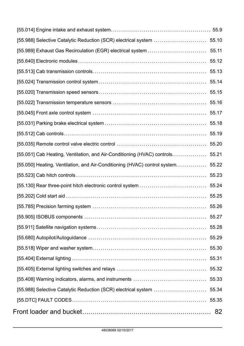 May include: A detailed page from a manual, listing various automotive systems and their corresponding page numbers. The text includes terms like "Engine intake," "Transmission," and "External lighting." The bottom of the page shows "Front loader and bucket."