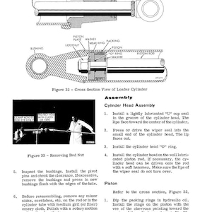 K&ouml;nnte beinhalten: Diagramm einer Laderzylinderbaugruppe mit beschrifteten Teilen, einschlie&szlig;lich Zylinderkopf, Kolben und verschiedenen Dichtungen. Eine Querschnittsansicht und ein Foto des Ausbaus einer Stangenmutter sind ebenfalls abgebildet. Text liefert Montageanweisungen.