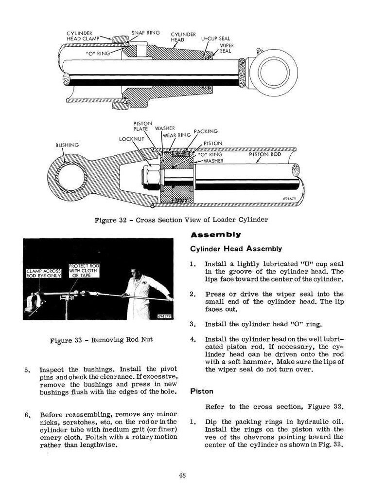 K&ouml;nnte beinhalten: Diagramm einer Laderzylinderbaugruppe mit beschrifteten Teilen, einschlie&szlig;lich Zylinderkopf, Kolben und verschiedenen Dichtungen. Eine Querschnittsansicht und ein Foto des Ausbaus einer Stangenmutter sind ebenfalls abgebildet. Text liefert Montageanweisungen.