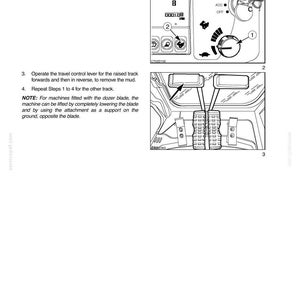 May include: Diagram from a manual showing controls and levers. The image includes a key ignition, buttons, and a dial. Text includes instructions for operating the engine throttle and travel control lever. The diagram also shows foot pedals.