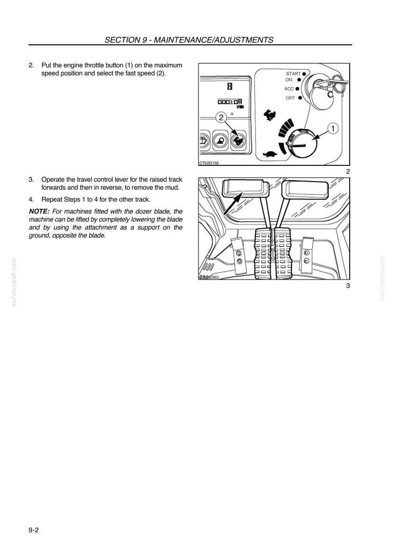 May include: Diagram from a manual showing controls and levers. The image includes a key ignition, buttons, and a dial. Text includes instructions for operating the engine throttle and travel control lever. The diagram also shows foot pedals.