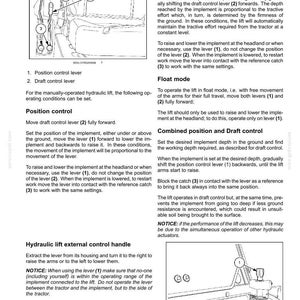 May include: A technical document page titled 6-WORKING OPERATIONS containing text instructions and two black and white line drawings. The diagrams illustrate tractor hydraulic control levers labeled 1, 2, and 3, detailing position control, draft control, and float mode.