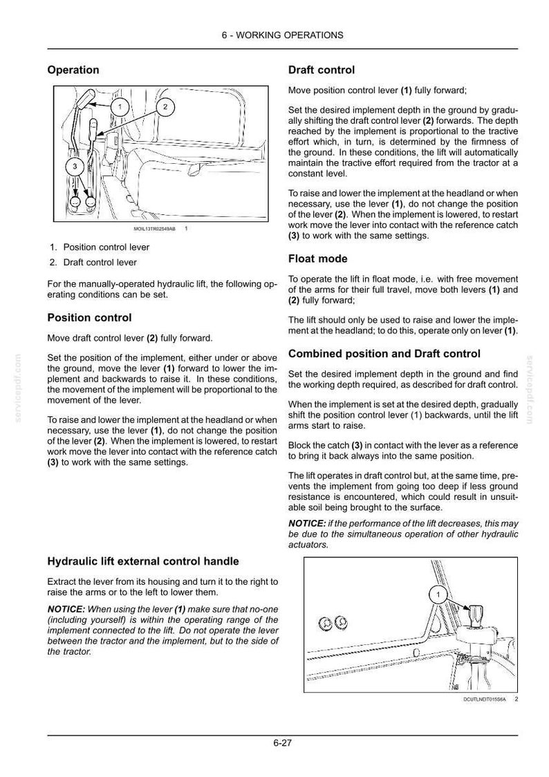 May include: A technical document page titled 6-WORKING OPERATIONS containing text instructions and two black and white line drawings. The diagrams illustrate tractor hydraulic control levers labeled 1, 2, and 3, detailing position control, draft control, and float mode.
