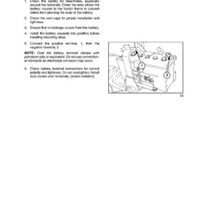May include: A page from a manual with the title "SECTION 90 - BODYWORK - CHAPTER 1" and instructions for battery installation. A diagram shows a battery with numbered terminals. Text includes steps for checking cleanliness, vent caps, and connections.