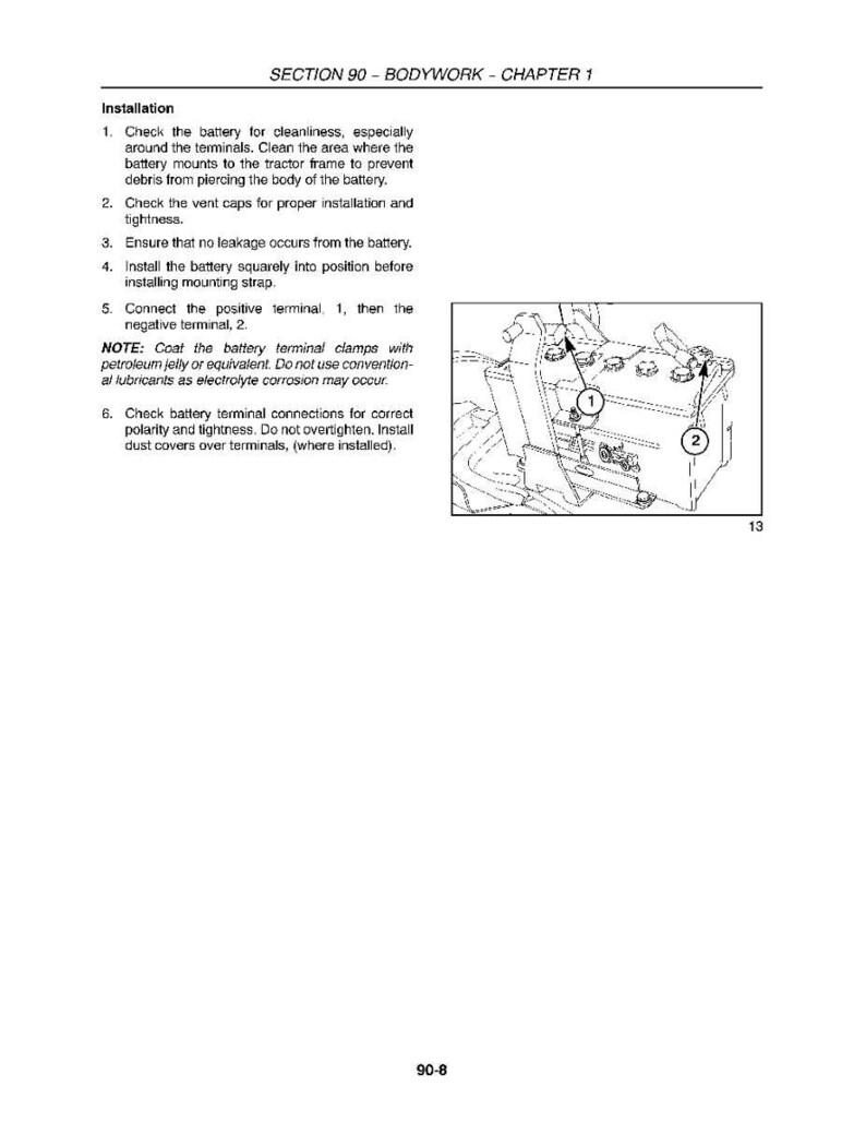 May include: A page from a manual with the title "SECTION 90 - BODYWORK - CHAPTER 1" and instructions for battery installation. A diagram shows a battery with numbered terminals. Text includes steps for checking cleanliness, vent caps, and connections.