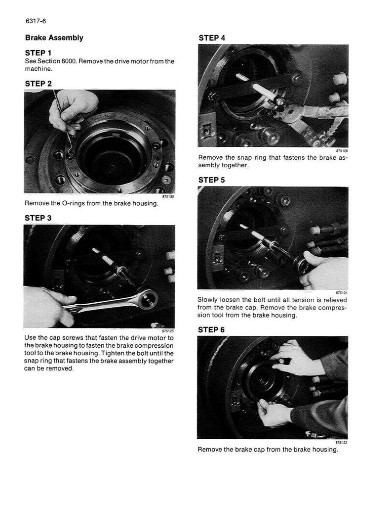 May include: Black and white diagram illustrating brake assembly steps. Text includes "Brake Assembly" and numbered steps with instructions. Images show tools and components being manipulated.