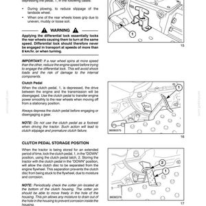 May include: A technical manual page titled SECTION 2 - OPERATION, featuring three black and white line drawings of tractor pedals. The diagrams illustrate the Differential Lock Pedal, Clutch Pedal, and Clutch Pedal Storage Position with numbered labels.