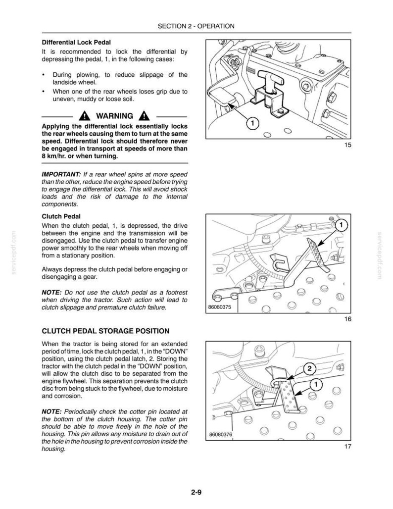 May include: A technical manual page titled SECTION 2 - OPERATION, featuring three black and white line drawings of tractor pedals. The diagrams illustrate the Differential Lock Pedal, Clutch Pedal, and Clutch Pedal Storage Position with numbered labels.