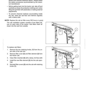 May include: Diagram of a tractor cab's heating system inlet filter service instruction. The image includes safety precautions and instructions for replacing the cab air filter, with numbered components and labels. Text includes "Replace the cab air filter every 500 hours or yearly."