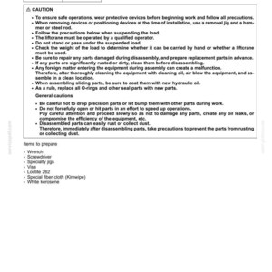 May include: A page from a manual detailing procedures for assembly and disassembly of a travel remote control valve. The document includes safety precautions, general cautions, and a list of items needed, such as a wrench and screwdriver.