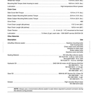 May include: A detailed specifications sheet for axles and wheels, including torque values in foot-pounds and Newton-meters, lubrication details, and chain measurements. It lists various oils, sealers, and greases with their specifications and part numbers.