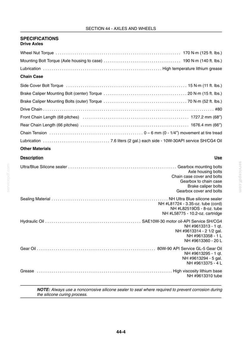 May include: A detailed specifications sheet for axles and wheels, including torque values in foot-pounds and Newton-meters, lubrication details, and chain measurements. It lists various oils, sealers, and greases with their specifications and part numbers.