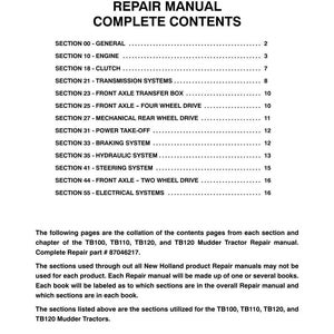 May include: A black and white repair manual contents page for TB100, TB110, TB120, and TB120 Mudder tractors. The document lists sections from 00 to 55, including engine, clutch, transmission, axles, braking, hydraulic, steering, and electrical systems.