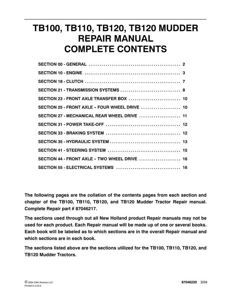 May include: A black and white repair manual contents page for TB100, TB110, TB120, and TB120 Mudder tractors. The document lists sections from 00 to 55, including engine, clutch, transmission, axles, braking, hydraulic, steering, and electrical systems.