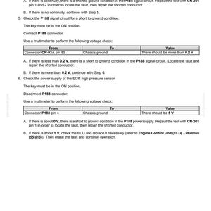 May include: Diagram of electrical system fault codes, including connector and chassis ground tests. Instructions detail voltage checks and troubleshooting steps for automotive systems. Text includes connector pin numbers and voltage values.