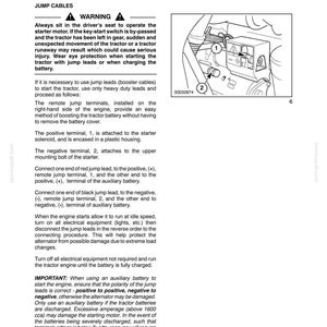 May include: A technical manual page titled SECTION 3 - FIELD OPERATION JUMP STARTING THE TRACTOR. It includes a warning, instructions for using jump cables, and a line drawing showing the positive terminal 1 and negative terminal 2 on a tractor.
