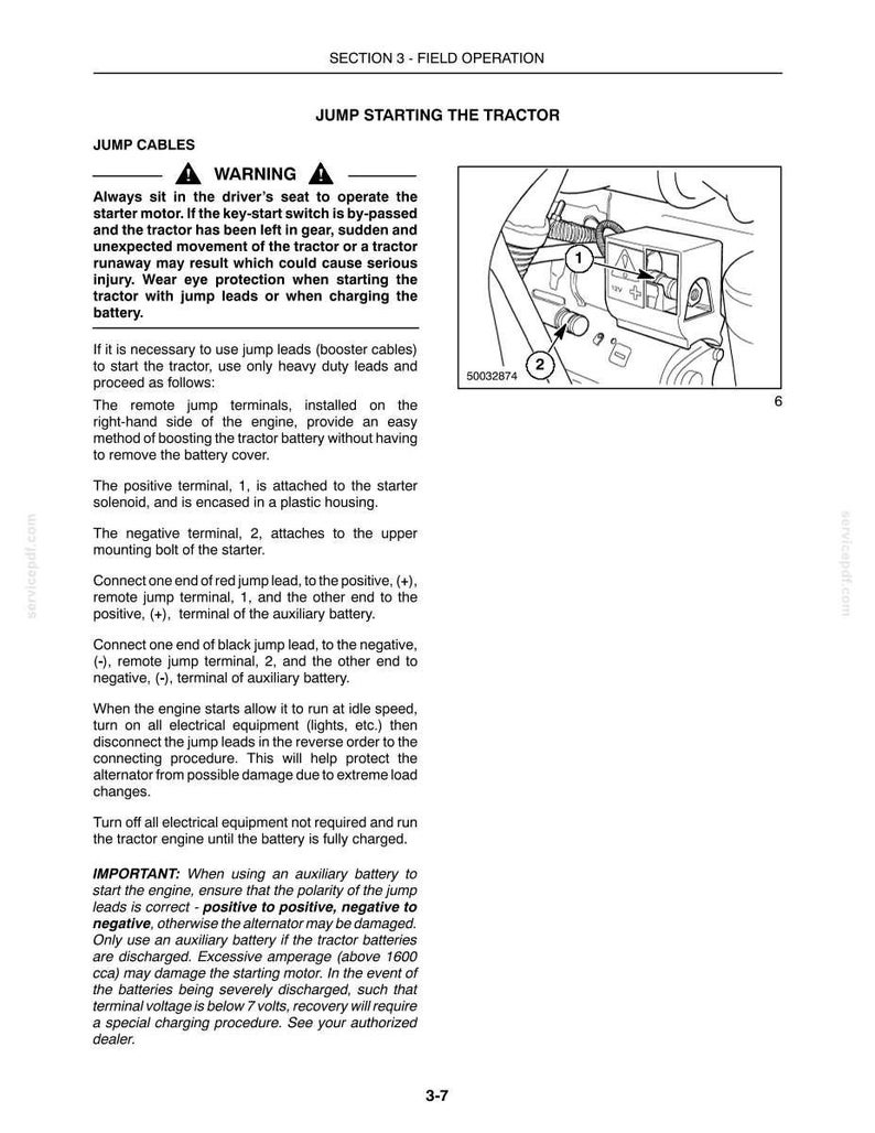 May include: A technical manual page titled SECTION 3 - FIELD OPERATION JUMP STARTING THE TRACTOR. It includes a warning, instructions for using jump cables, and a line drawing showing the positive terminal 1 and negative terminal 2 on a tractor.