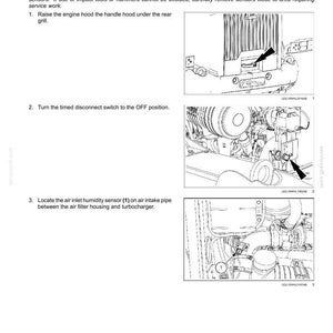 May include: Diagram illustrating the removal of a Selective Catalytic Reduction (SCR) humidity sensor. The image shows steps including raising the engine hood, turning off the disconnect switch, and locating the air inlet humidity sensor.
