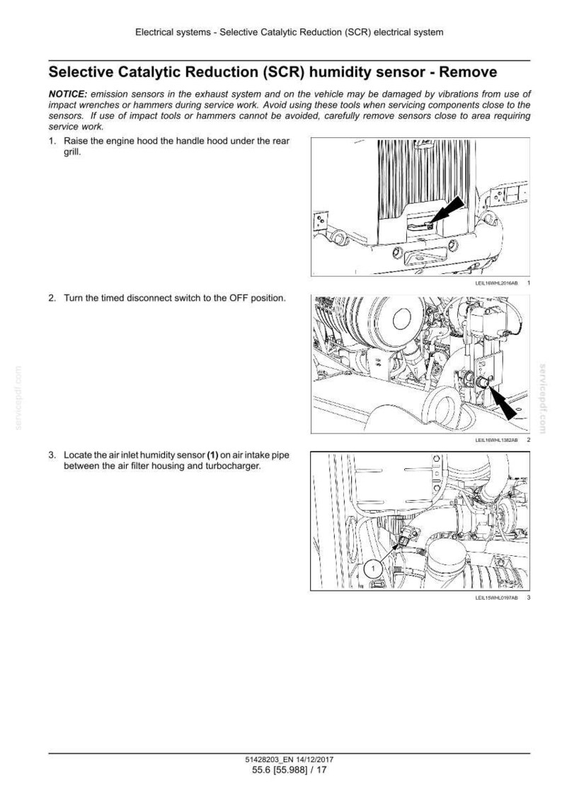 May include: Diagram illustrating the removal of a Selective Catalytic Reduction (SCR) humidity sensor. The image shows steps including raising the engine hood, turning off the disconnect switch, and locating the air inlet humidity sensor.