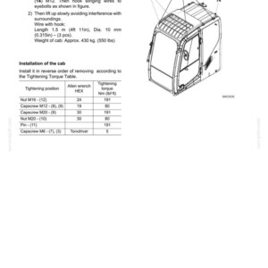 May include: A technical diagram showing the upperstructure of a machine cab with lifting instructions. It includes a line drawing of the cab with eyebolts labeled 13 and 14, a tightening torque table, and text detailing a weight of 550 lbs.
