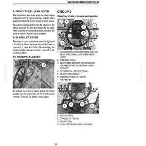 May include: A page from an equipment manual detailing instruments and controls. The image includes diagrams of the steering wheel, pedals, and levers, with labels for each component. Text describes the function of the front wheel lean lever, blade lift lever, and warning flasher.