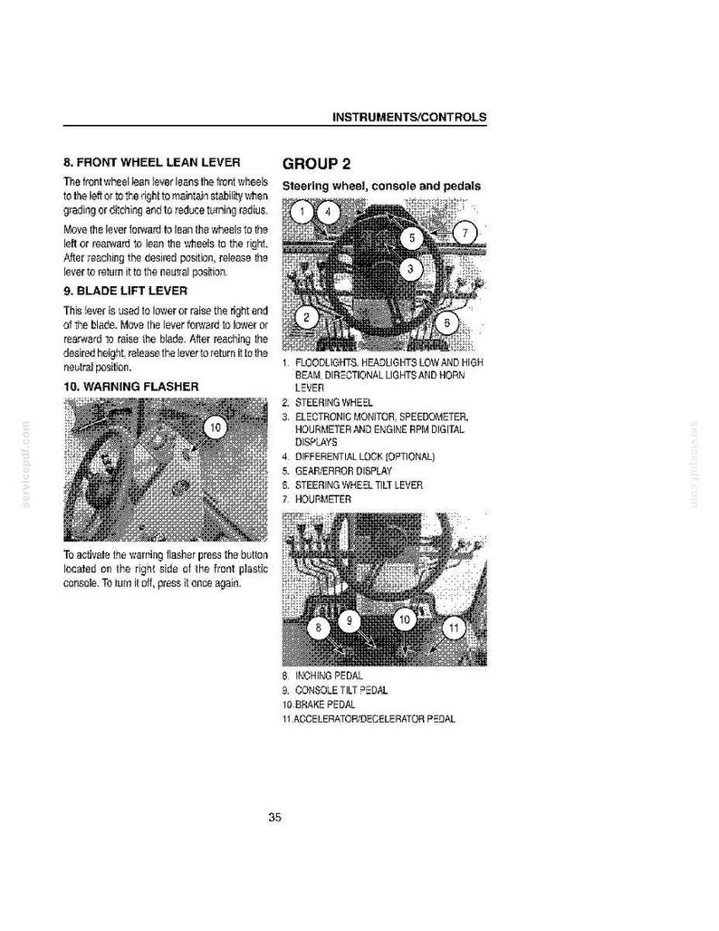 May include: A page from an equipment manual detailing instruments and controls. The image includes diagrams of the steering wheel, pedals, and levers, with labels for each component. Text describes the function of the front wheel lean lever, blade lift lever, and warning flasher.