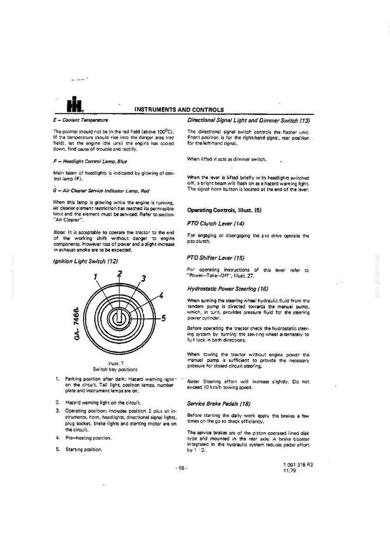 K&ouml;nnte beinhalten: Diagramm des Armaturenbretts und der Bedienelemente eines Traktors. Enth&auml;lt Abschnitte zu K&uuml;hlmitteltemperatur, Scheinwerfersteuerung, Luftfilterwartung, Z&uuml;ndschalter, Blinkern, Zapfwellenkupplung und Betriebsbremspedalen. Text und Illustrationen in Schwarzwei&szlig;.