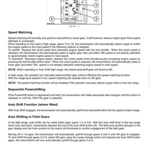 K&ouml;nnte beinhalten: Eine technische Dokumentenseite mit dem Titel TRANSMISSION, DRIVE AND PTO OUT - TRANSMISSION Semi-Powershift. Sie enth&auml;lt ein Diagramm einer digitalen Ganganzeige mit nummerierten Indikatoren von 1 bis 5 sowie detaillierte Anweisungen.