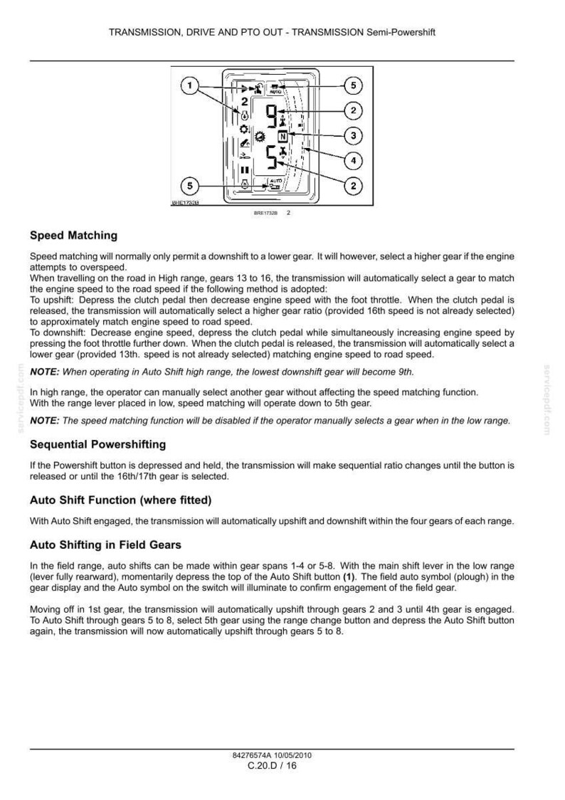 K&ouml;nnte beinhalten: Eine technische Dokumentenseite mit dem Titel TRANSMISSION, DRIVE AND PTO OUT - TRANSMISSION Semi-Powershift. Sie enth&auml;lt ein Diagramm einer digitalen Ganganzeige mit nummerierten Indikatoren von 1 bis 5 sowie detaillierte Anweisungen.