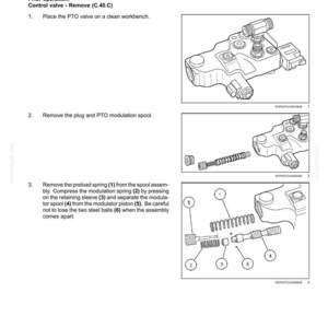 May include: Diagram of a control valve disassembly procedure. The image shows the valve, plug, spool, springs, and other components. Text includes instructions for removing and separating parts. The diagram is for Magnum models 225, 250, 280, 310, and 335.