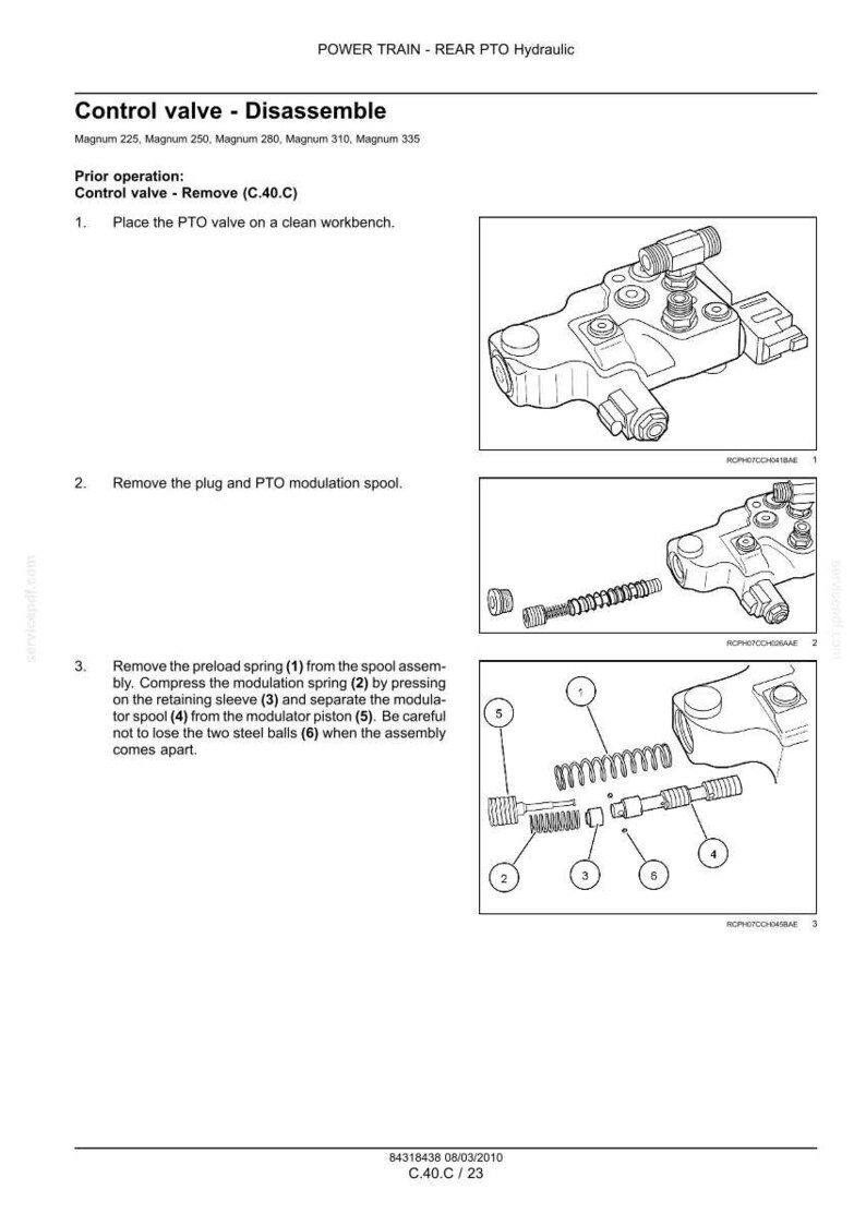 May include: Diagram of a control valve disassembly procedure. The image shows the valve, plug, spool, springs, and other components. Text includes instructions for removing and separating parts. The diagram is for Magnum models 225, 250, 280, 310, and 335.