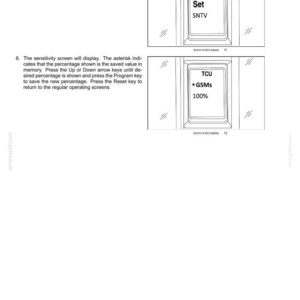 May include: A page of operating instructions featuring two diagrams of a digital display screen. The top screen shows the text TCU, Set, and SNTV. The bottom screen shows the text TCU, * GSMs, and 100%. Text instructions explain how to adjust settings.