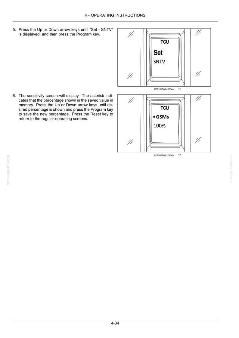 May include: A page of operating instructions featuring two diagrams of a digital display screen. The top screen shows the text TCU, Set, and SNTV. The bottom screen shows the text TCU, * GSMs, and 100%. Text instructions explain how to adjust settings.