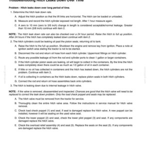May include: A troubleshooting guide titled "HITCH CONTROL VALVE" with instructions on addressing hitch leaks over time. The document includes steps to determine leak rates, check cylinders, and identify internal valve issues. Measurements are provided in inches.