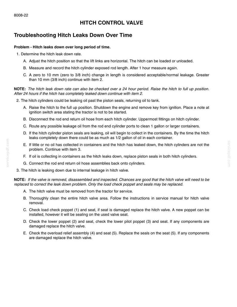 May include: A troubleshooting guide titled "HITCH CONTROL VALVE" with instructions on addressing hitch leaks over time. The document includes steps to determine leak rates, check cylinders, and identify internal valve issues. Measurements are provided in inches.