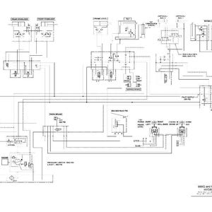May include: A detailed black and white schematic diagram of a telehandler's hydraulic system. The diagram includes various components, lines, and labels, providing a technical overview of the machine's functionality.