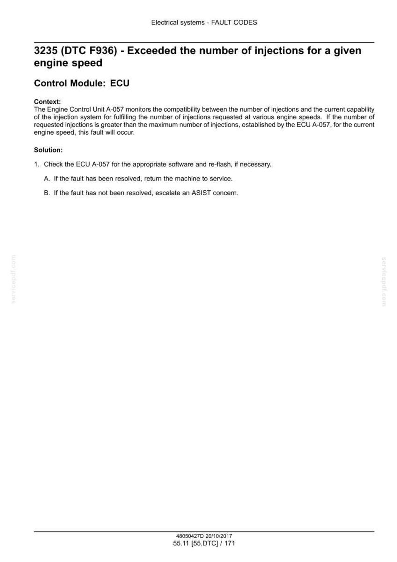 May include: A white document with black text detailing fault codes for electrical systems. The text includes the code 3235 (DTC F936), exceeding the number of injections for a given engine speed, and instructions for troubleshooting.