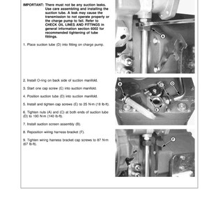 May include: An instructional diagram titled "INSTALL SUCTION TUBE" with detailed steps and labeled components. The image includes close-up views of mechanical parts, with text instructions and torque specifications in lb-ft and N-m.